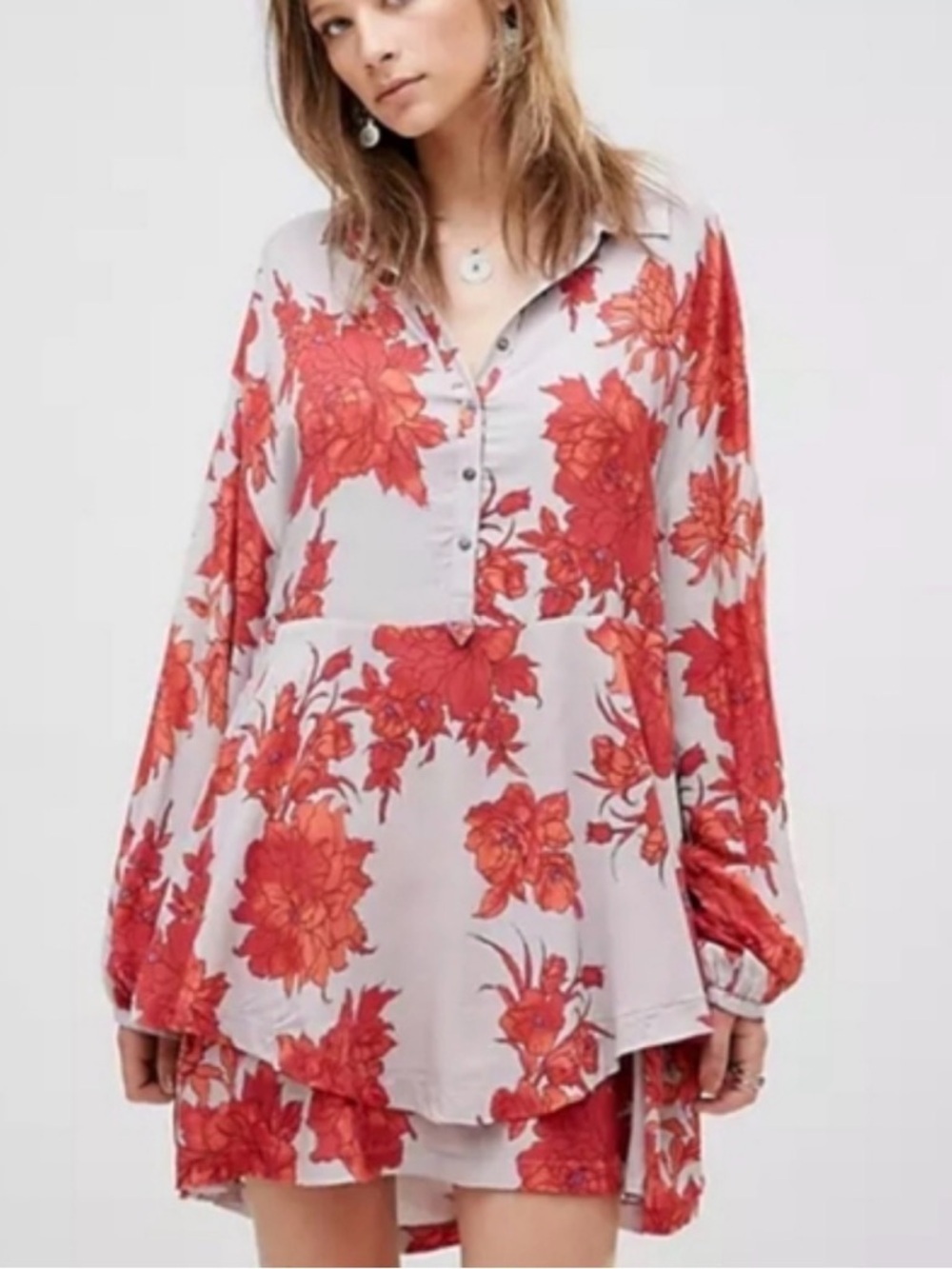 Free People - Shake It Colorful Floral Long Sleeve Half Button Mini Dress Medium - Picture 2 of 13